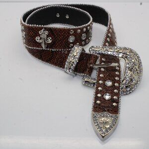 Women's etc! Size S Brown Faux Snakeskin Studded Bling Belt RN 70829